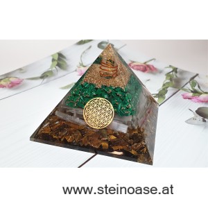 Orgonit Pyramide: Selenit, Malachit & Tigerauge & Herkimer Diamant